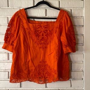 Anthropologie orange embroidered blouse